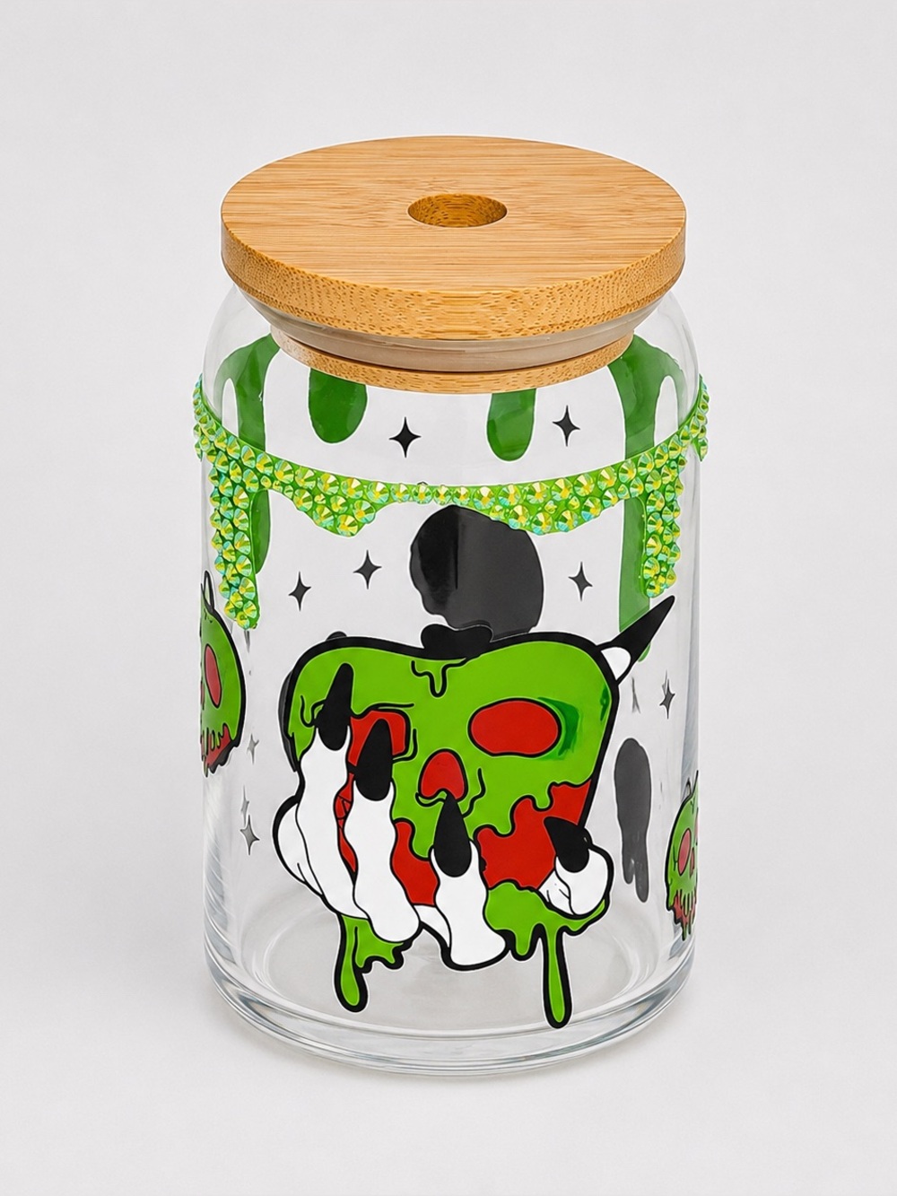 Green Rhinestone Poison Apple 16oz Libby Can Glass Tumbler with Bamboo Lid